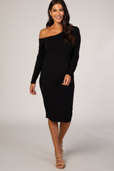 PinkBlush Black One Shoulder Fitted Midi Maternity Dress