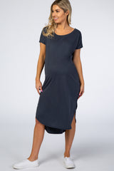 Navy Faded Curved Hem Maternity Midi Dress