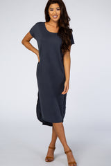 Navy Faded Curved Hem Maternity Midi Dress