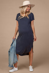 Navy Faded Curved Hem Maternity Midi Dress