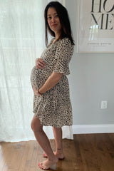 Beige Animal Print Ruffle Sleeve Maternity Dress