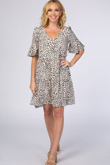 Beige Animal Print Ruffle Sleeve Maternity Dress