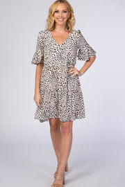 Beige Animal Print Ruffle Sleeve Dress