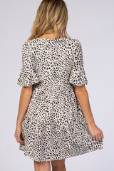 Beige Animal Print Ruffle Sleeve Maternity Dress