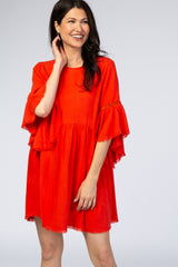 Red Raw Edge Bell Sleeve Babydoll Maternity Dress