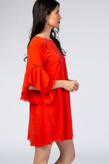 Red Raw Edge Bell Sleeve Babydoll Dress