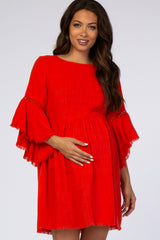 Red Raw Edge Bell Sleeve Babydoll Maternity Dress