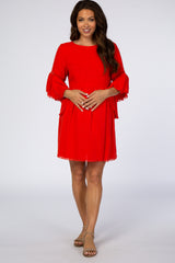 Red Raw Edge Bell Sleeve Babydoll Maternity Dress