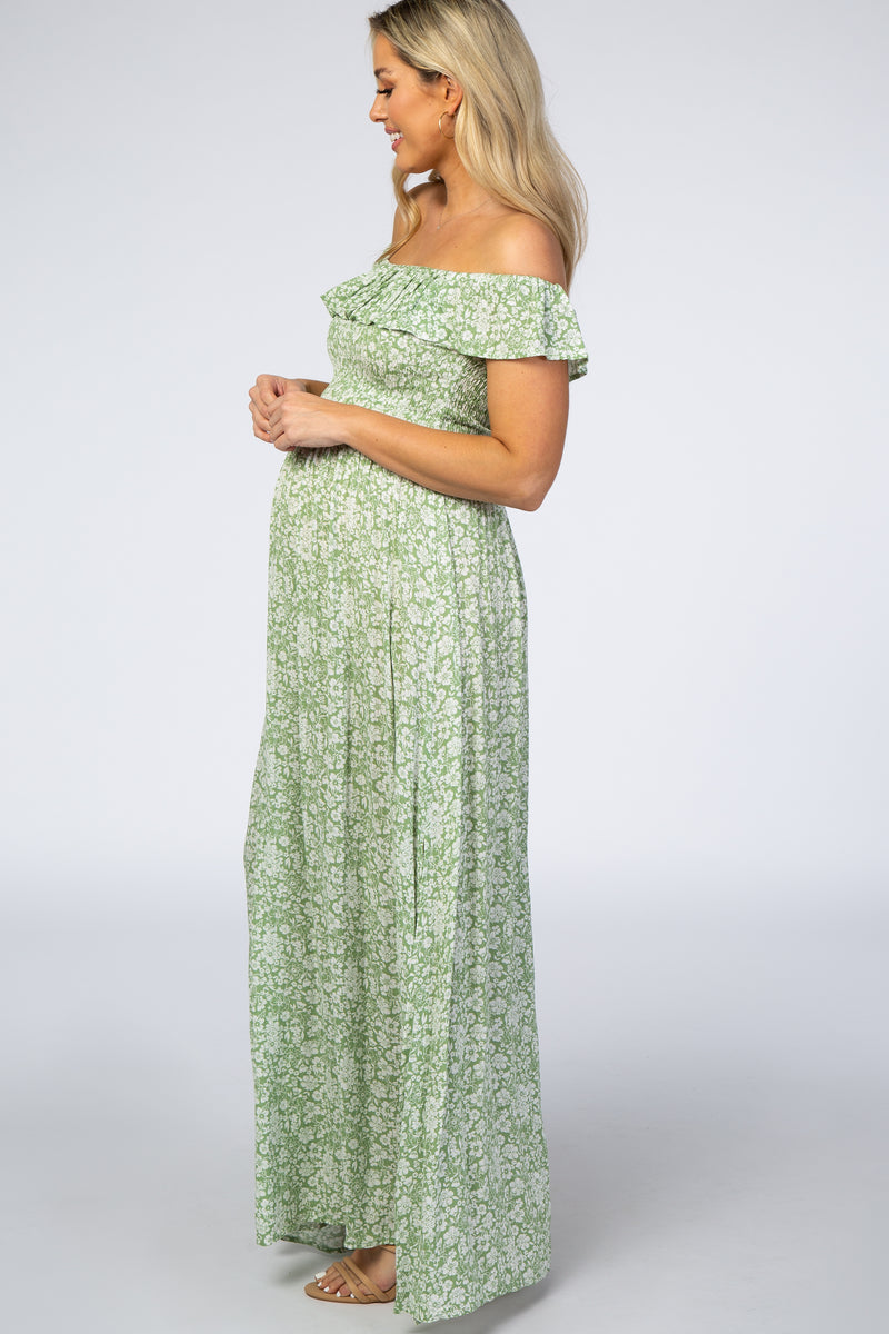 Green Floral Ruffle Off Shoulder Maternity Maxi Dress – PinkBlush