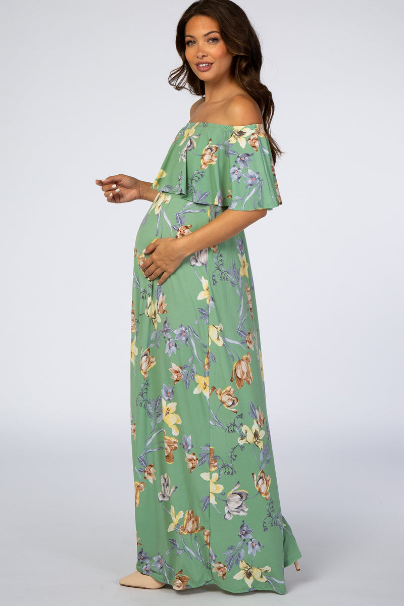 Sage Floral Off Shoulder Maternity Maxi Dress – PinkBlush