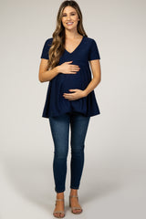 Navy Blue Swiss Dot Peplum Maternity Top