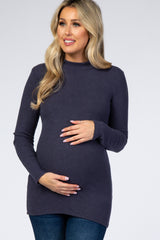 Navy Blue Ribbed Long Sleeve Mock Neck Maternity Top