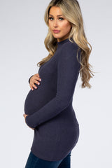 Navy Blue Ribbed Long Sleeve Mock Neck Maternity Top