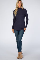 Navy Blue Ribbed Long Sleeve Mock Neck Maternity Top