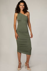 PinkBlush Olive Ruched One Shoulder Maternity Dress