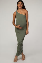 PinkBlush Olive Ruched One Shoulder Maternity Dress