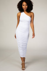 White Ruched One Shoulder Dress