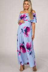 Light Blue Floral Off Shoulder Maternity Maxi Dress