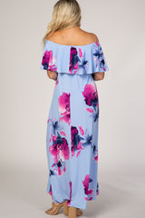 Light Blue Floral Off Shoulder Maternity Maxi Dress