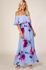 Light Blue Floral Off Shoulder Maxi Dress