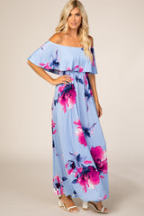 Light Blue Floral Off Shoulder Maxi Dress