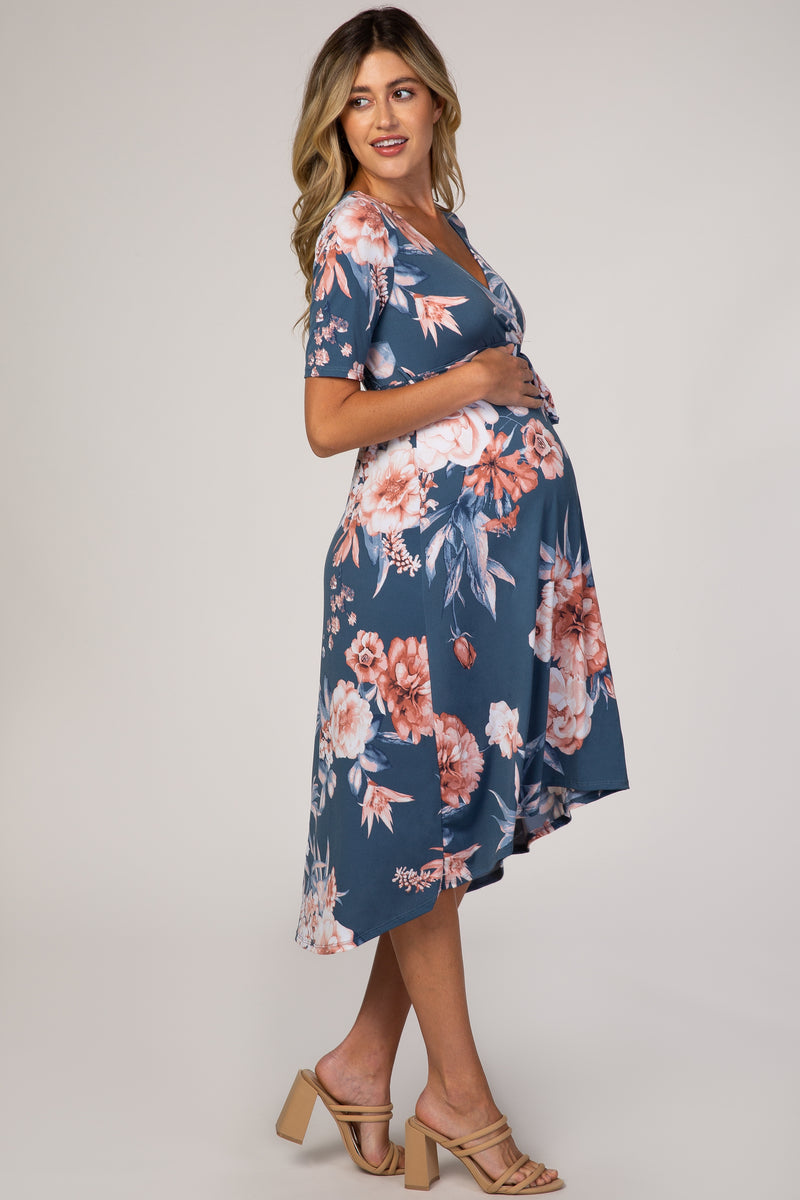 Blue Floral Draped Hi-Low Maternity Dress – PinkBlush