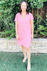 Pink V-Neck Short Sleeve Dress