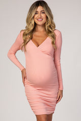 PinkBlush Salmon Ribbed Fitted Maternity/Nursing Dress