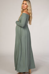 Sage Off Shoulder Long Sleeve Maternity Maxi Dress