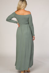 Sage Off Shoulder Long Sleeve Maternity Maxi Dress