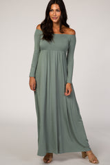 Sage Off Shoulder Long Sleeve Maternity Maxi Dress