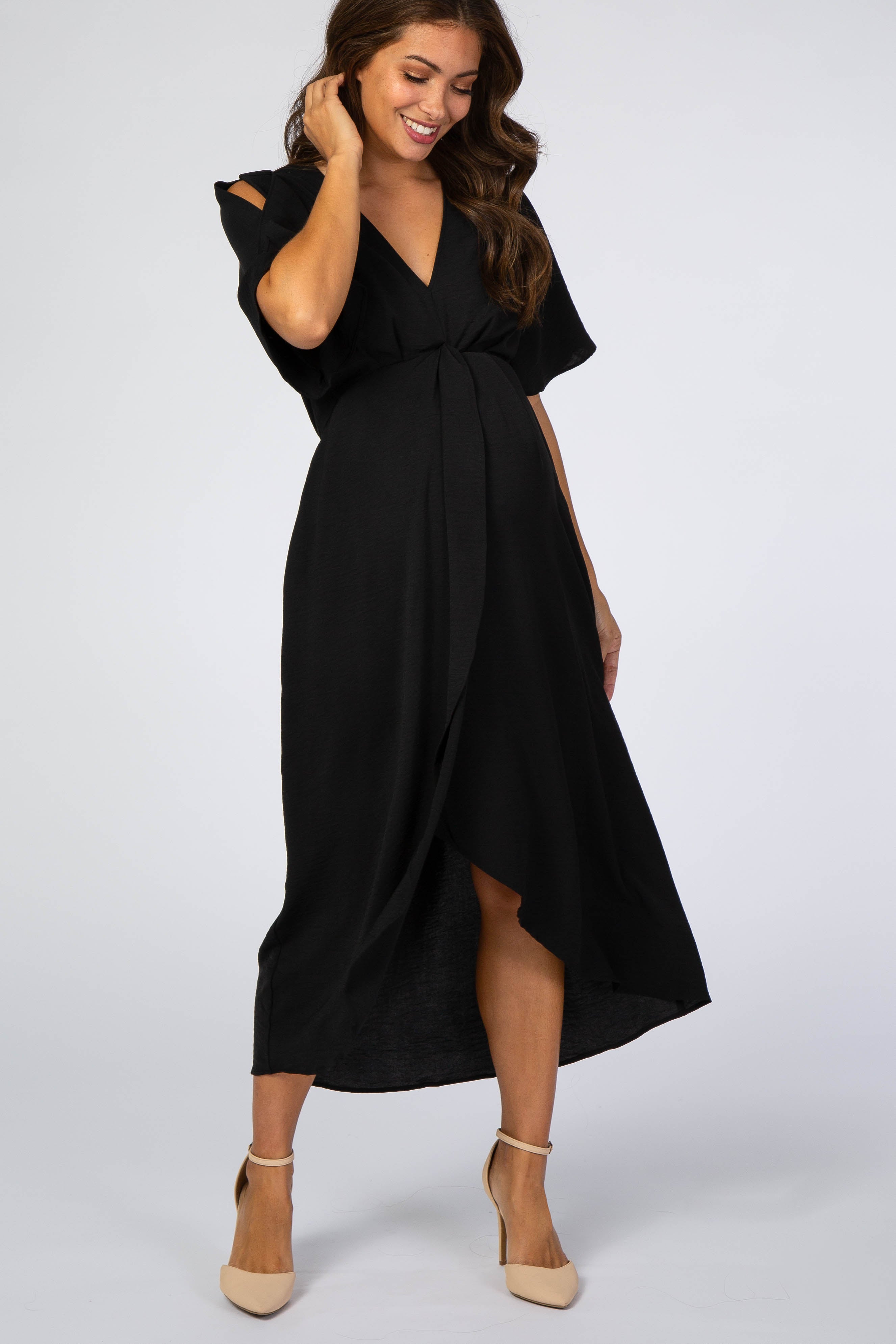 Black Open Sleeve Maternity Wrap Midi Dress – PinkBlush