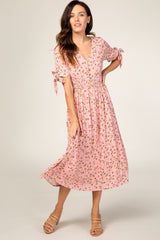 Pink Floral Tie Sleeve Maternity Midi Dress