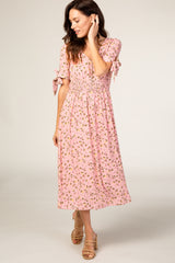 Pink Floral Tie Sleeve Midi Dress