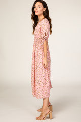 Pink Floral Tie Sleeve Midi Dress