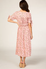 Pink Floral Tie Sleeve Midi Dress