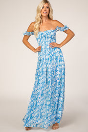 Blue Floral Flutter Sleeve Maxi Dress