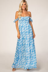 Blue Floral Flutter Sleeve Maxi Dress