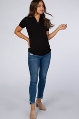 Black Solid Short Sleeve Wrap Front Maternity/Nursing Top