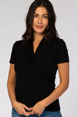 Black Solid Short Sleeve Wrap Front Maternity/Nursing Top