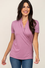 Mauve Solid Short Sleeve Wrap Front Maternity/Nursing Top