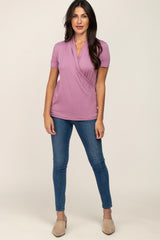 Mauve Solid Short Sleeve Wrap Front Nursing Top