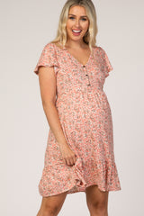 Pink Floral Ruffle Accent Maternity Dress