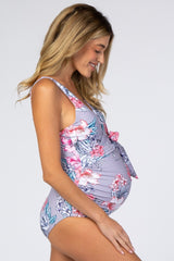 Lavender Floral Waist Tie Maternity One-Piece Swimsuit