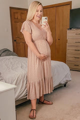 Pink Dot Print Ruffle Maternity Midi Dress