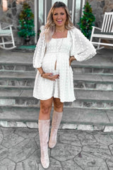 Beige Textured Dot Smocked Square Neck Chiffon Maternity Dress