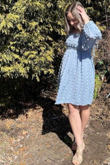 Light Blue Textured Dot Smocked Square Neck Chiffon Dress