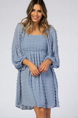 Light Blue Textured Dot Smocked Square Neck Chiffon Dress