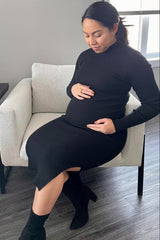 Black Ribbed Fitted Mock Neck Long Sleeve Maternity Midi Dress