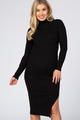 Black Ribbed Fitted Mock Neck Long Sleeve Maternity Midi Dress